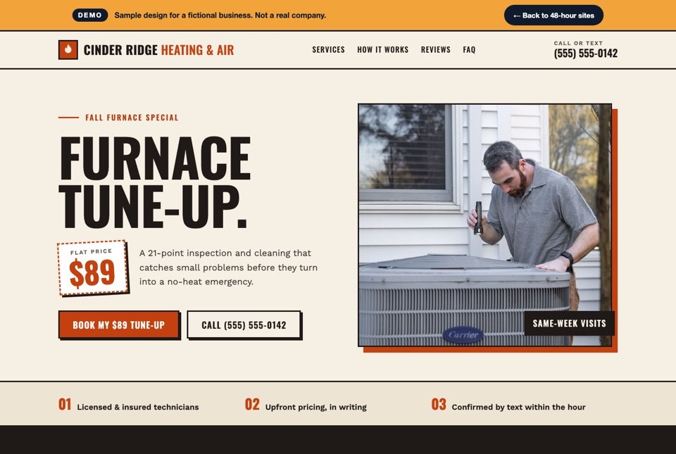 Concept landing page for a heating and air company with an $89 furnace tune-up offer