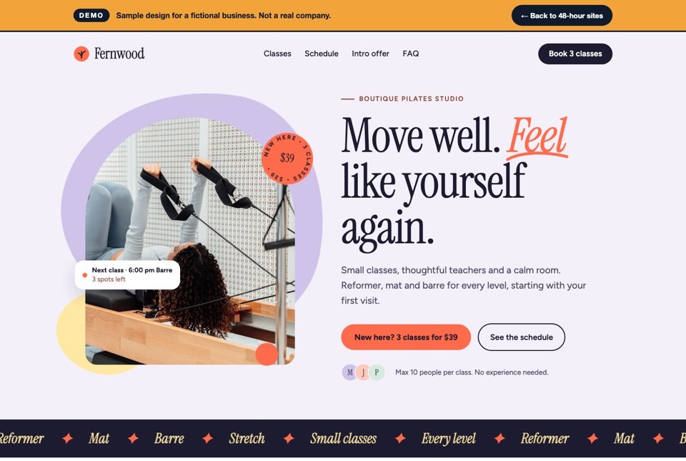 Concept landing page for a boutique pilates studio with an intro offer