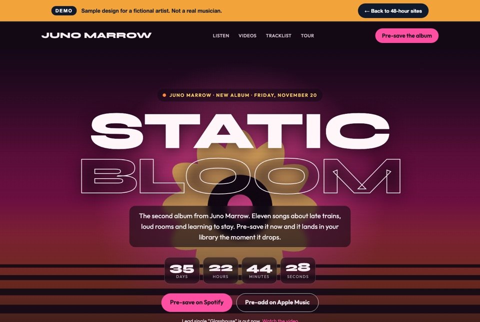 Concept album release page for the fictional artist Juno Marrow, with a countdown, album cover and pre-save buttons
