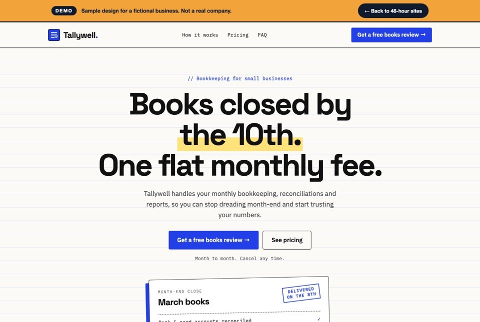 Concept landing page for Tallywell, a bookkeeping subscription service