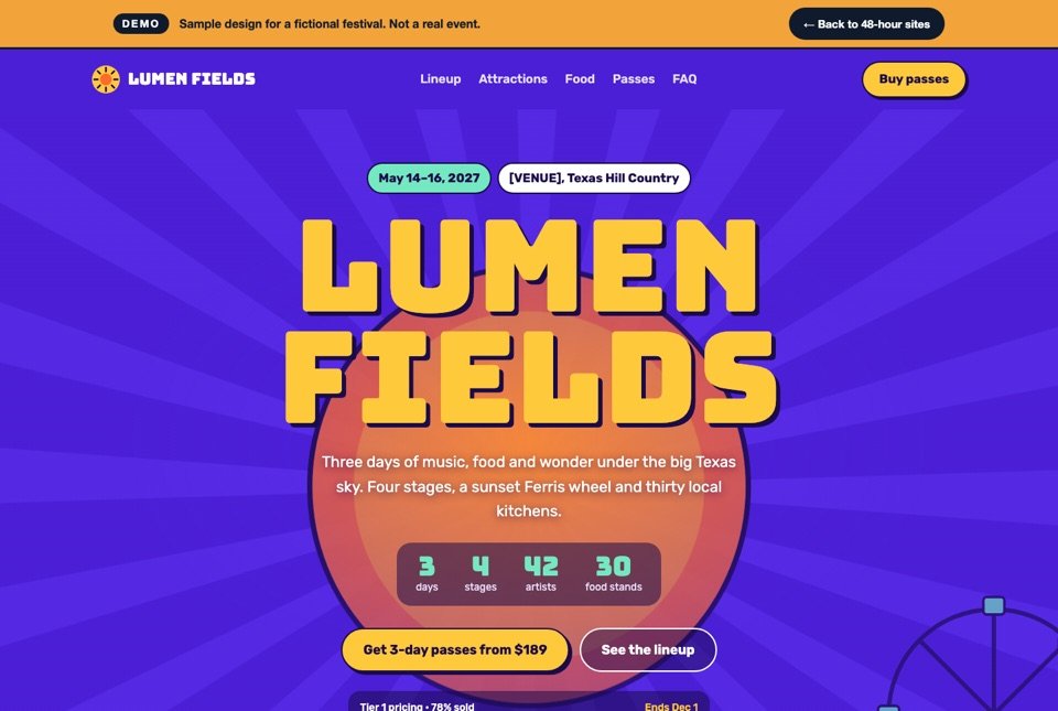 Concept page for Lumen Fields, a fictional three-day music festival, with a sunburst Ferris wheel illustration and pass sales