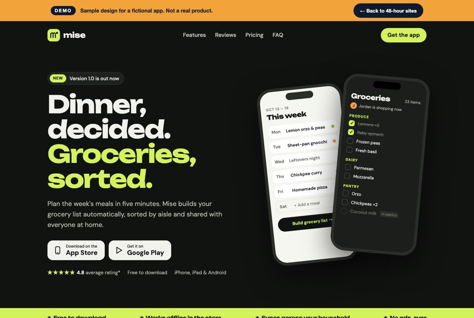 Concept launch page for Mise, a meal planning app, with phone mockups and App Store and Google Play buttons