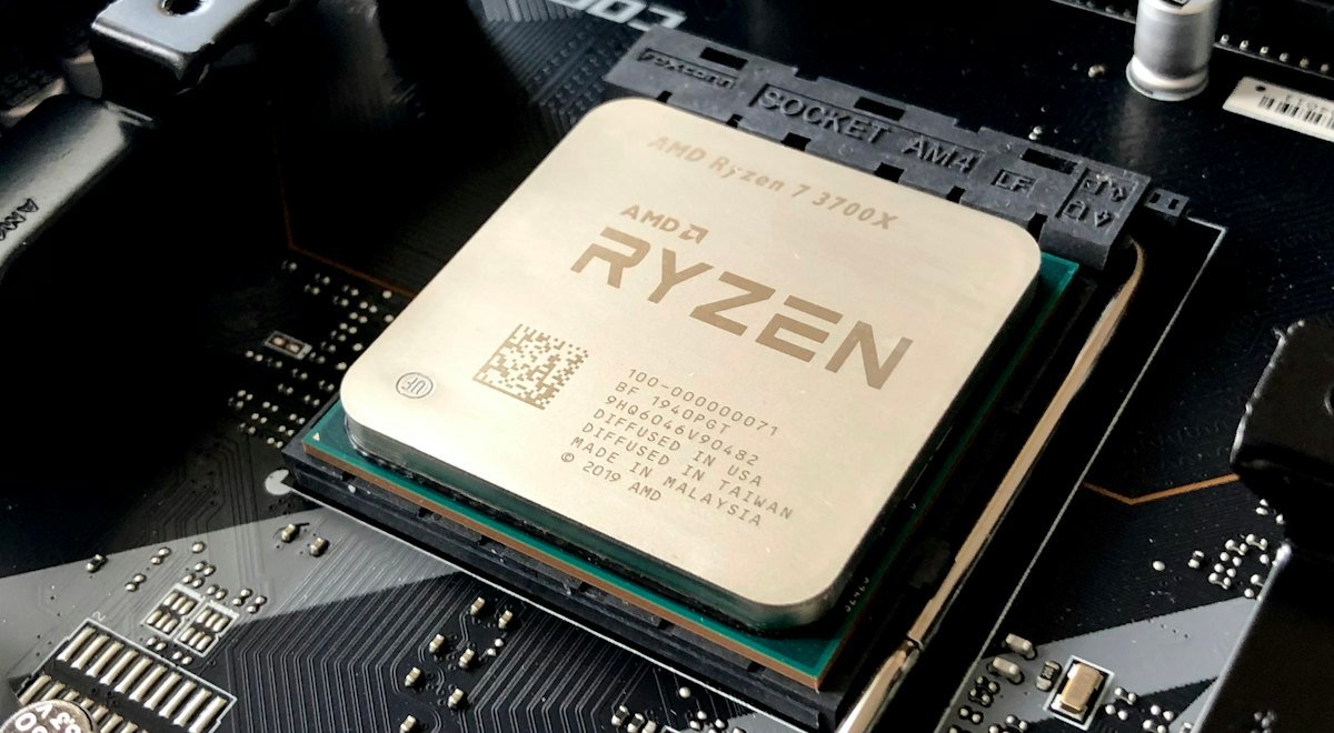 Close-up of a processor seated on a computer motherboard